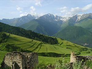 Mountain of Ingushetia showing ancient terracing (Russia, just north of Rep. of Georgia)