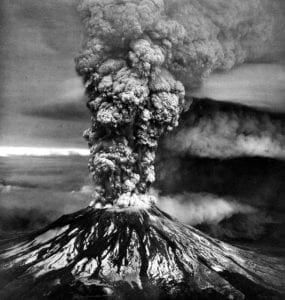 Mount St. Helens erupting with ash plume