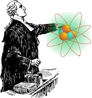 Clip art of a judge examining an atom