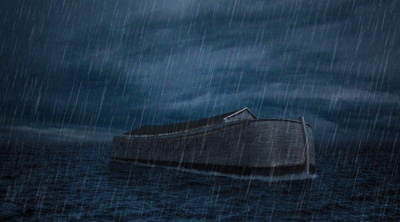Painting of Noah's Ark on a calm sea with rain