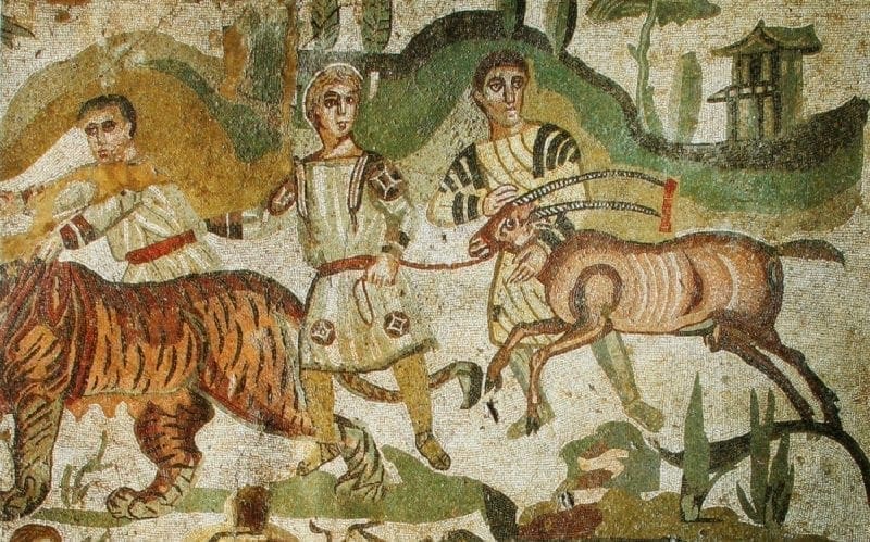 Villa Romana del Casale Hunt Mosaic with Tigers and African Antelope