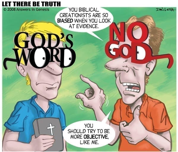 Everyone's wearing goggles, either God's Word, or No God, cartoon by Dan Lietha