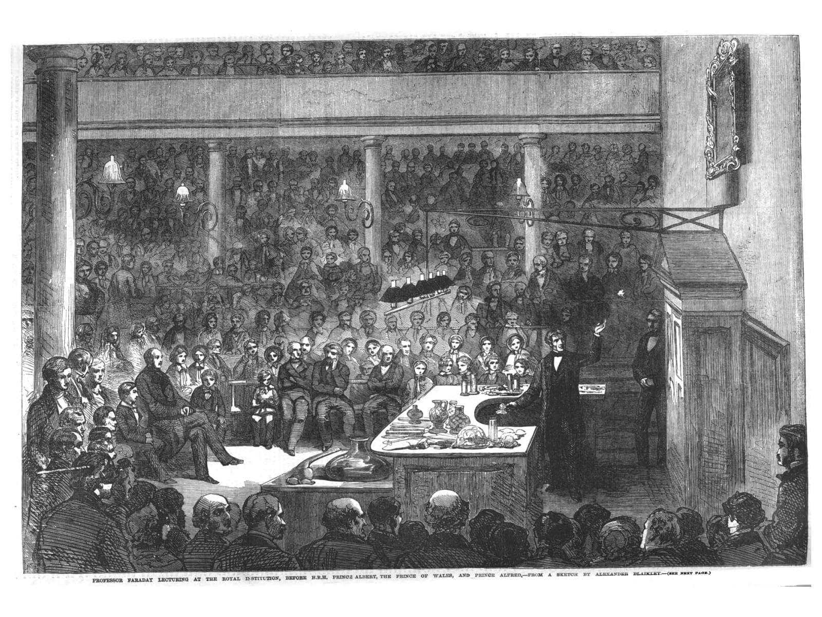 Engraving of Faraday giving a lecture at the Royal Institute in 1856