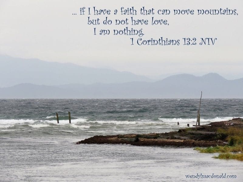 1 Corinthians 13:2 with a cover and misty mountains, photo credit: Wendy MacDonald
