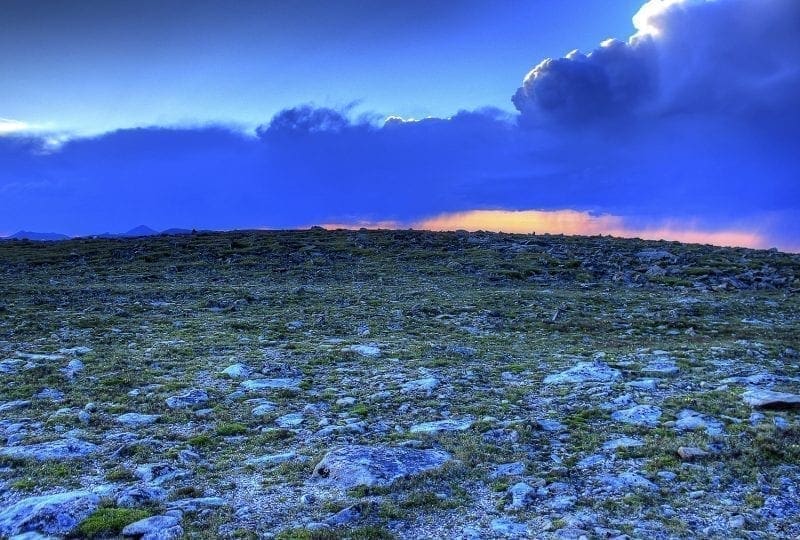Tundra view with lichen covered rocks at sunset