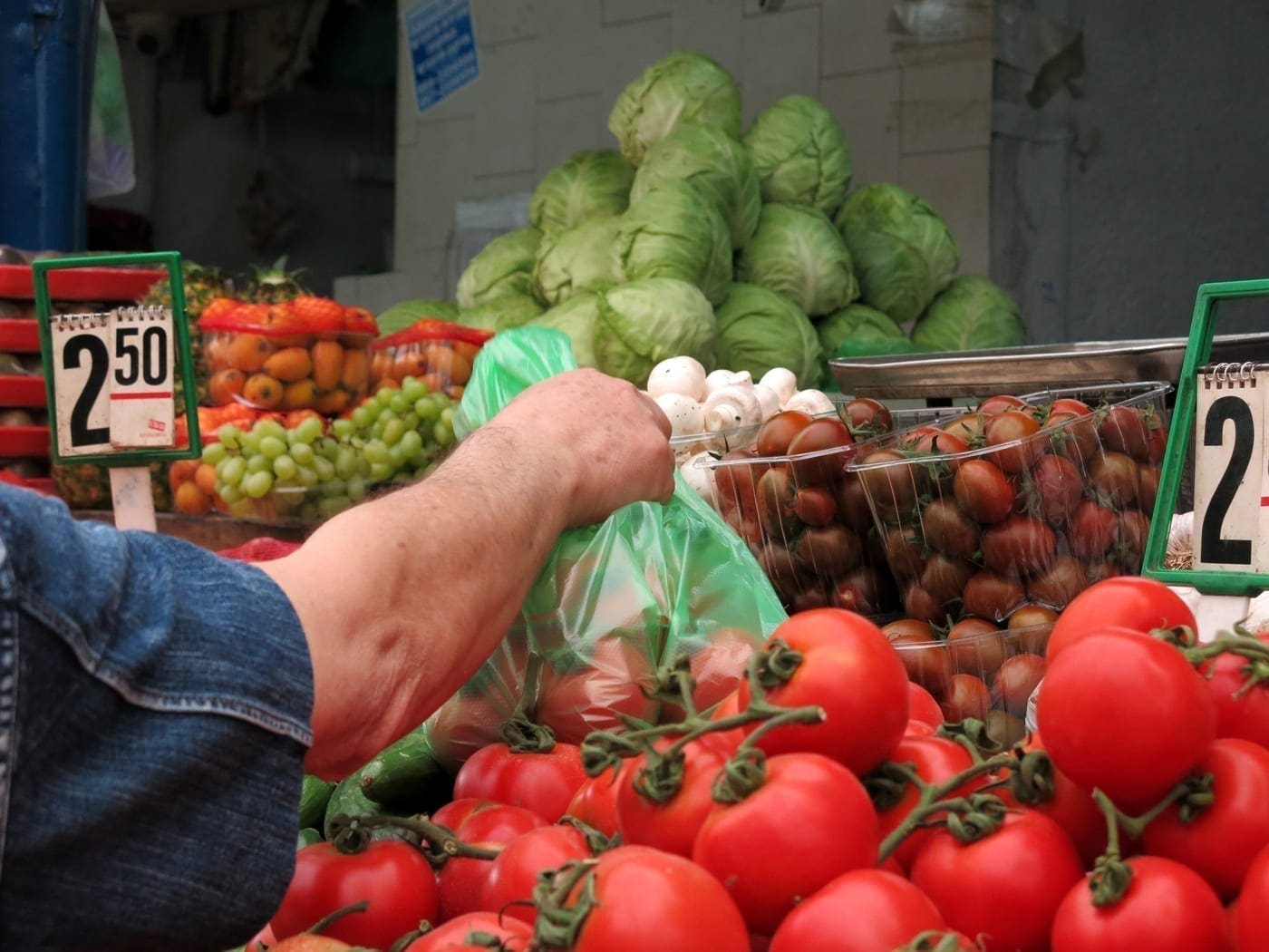 Choosing produce at a market