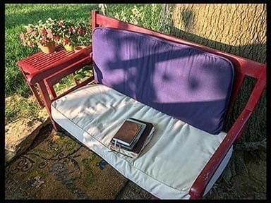 Garden Bench with books, photo credit: Pat Mingarelli