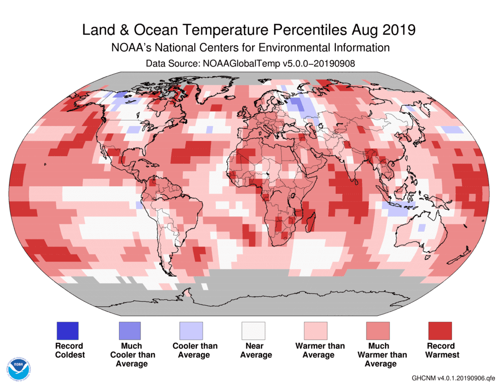 Global maps of August, 2019 temperatures, image credit: NOAA