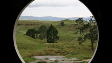View of the NZ countryside from the doorway of Bag End, photo credit: Kathleen Wile
