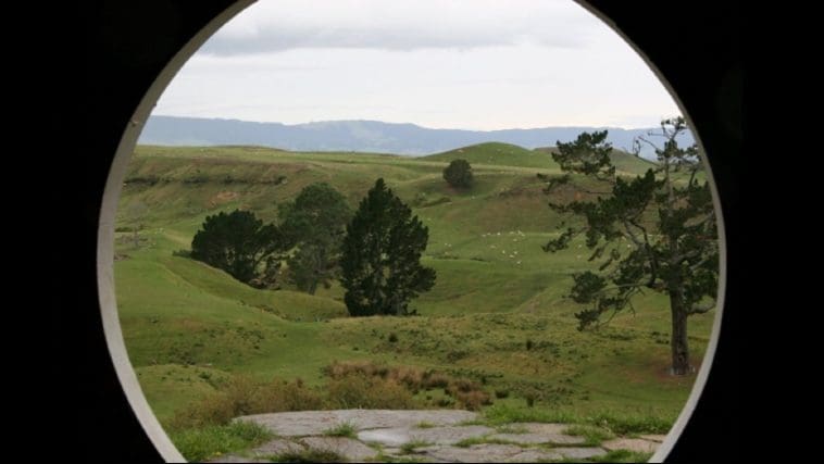 View of the NZ countryside from the doorway of Bag End, photo credit: Kathleen Wile