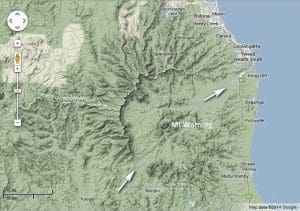 Topographical map of Mount Warning with arrows showing direction of erosion