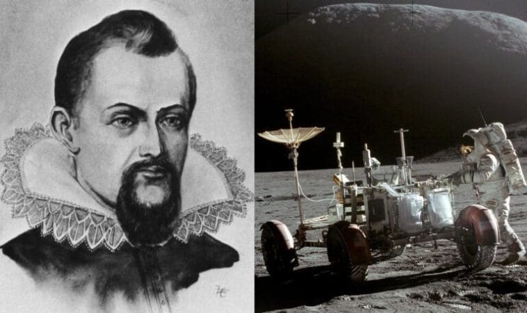 Portrait of Johannes Kepler on the left and photo of James Irwin on the Moon