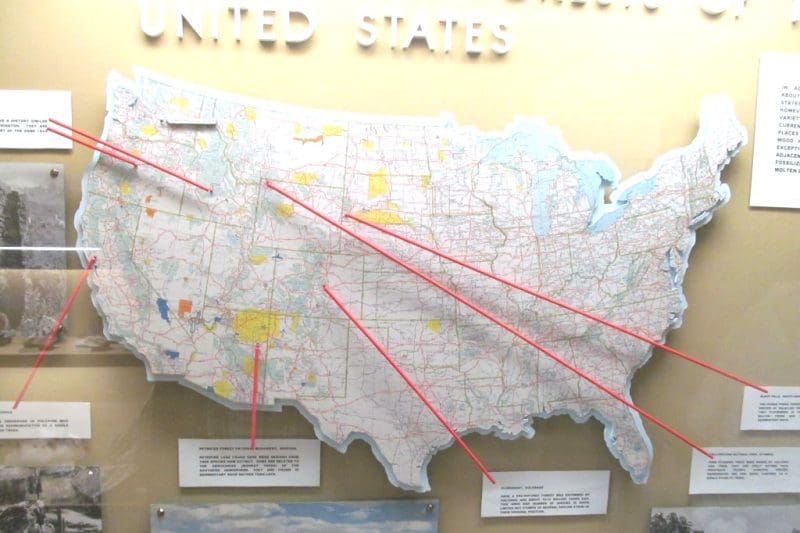 Map of the USA with petrified wood locations marked, photo credit: J.D. Mitchell